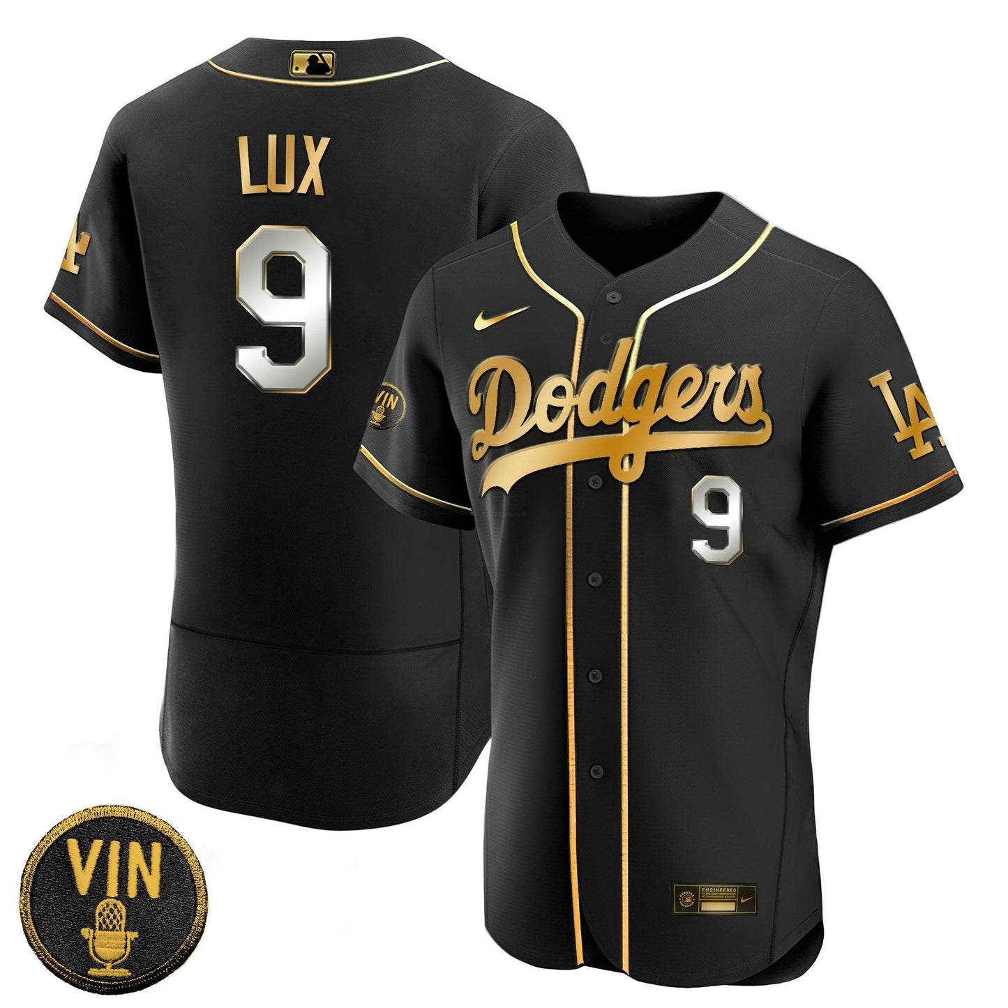 Camisa MLB Men’s Black Limited Vin Scully Patch Dourada Jersey