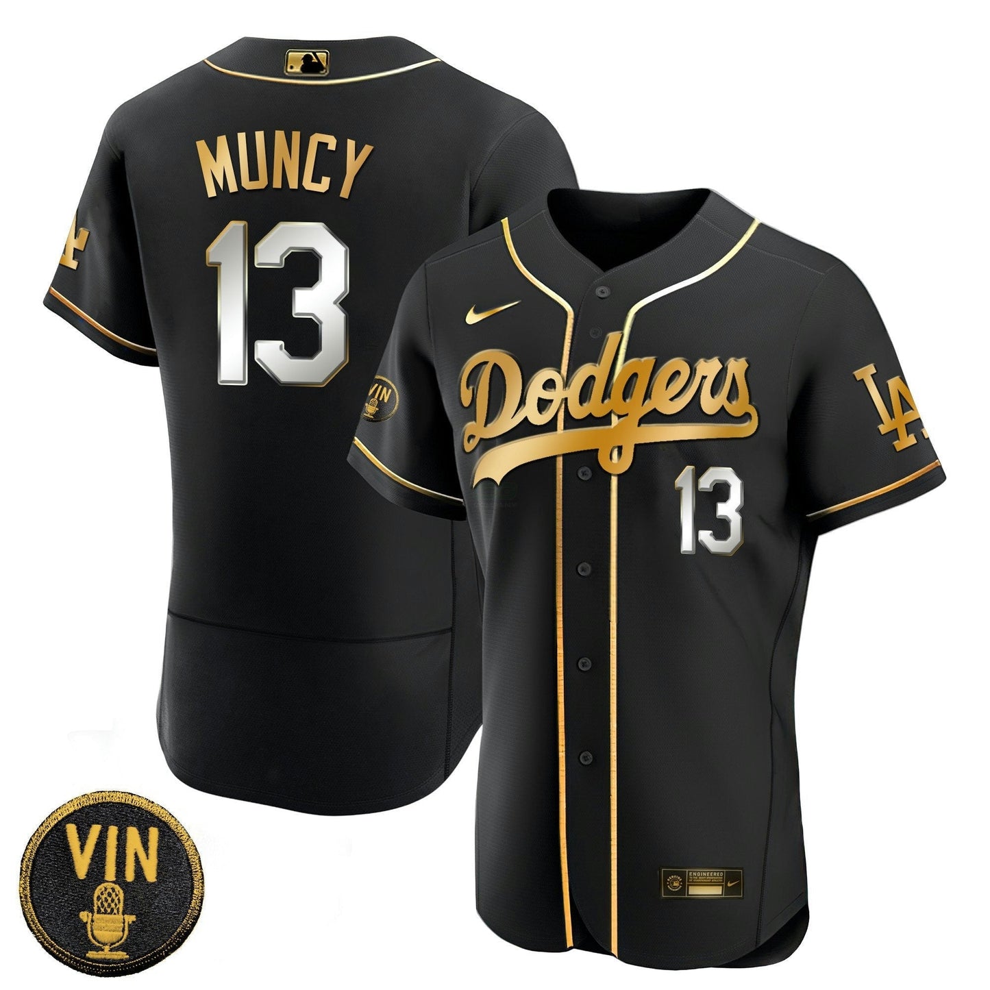 Camisa MLB Men’s Black Limited Vin Scully Patch Dourada Jersey