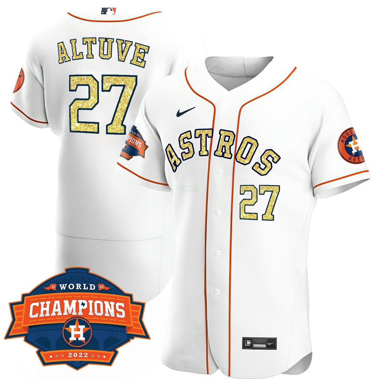 Camisa MLB Men’s Houston Special Branca Dourada 2022 World Series Champions Patch Jersey