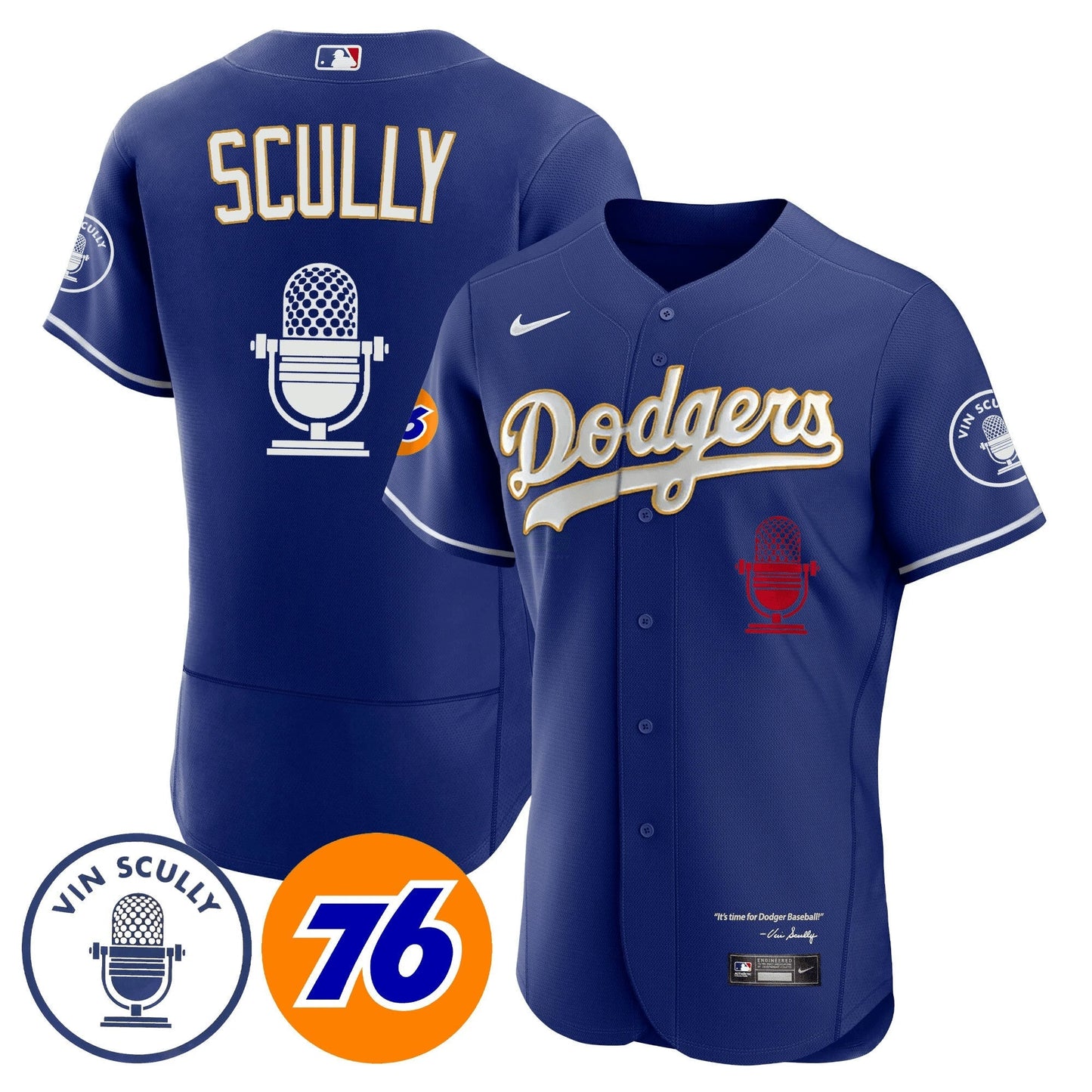 Camisa MLB Men’s Los Angeles Vin Scully 76 Patch Dourada Trim Jersey