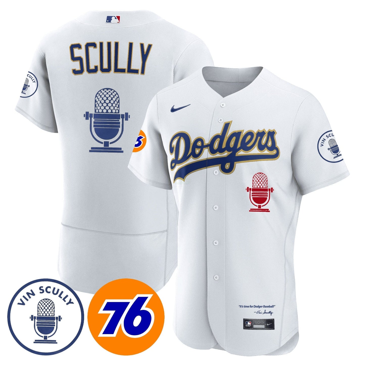 Camisa MLB Men’s Los Angeles Vin Scully 76 Patch Dourada Trim Jersey