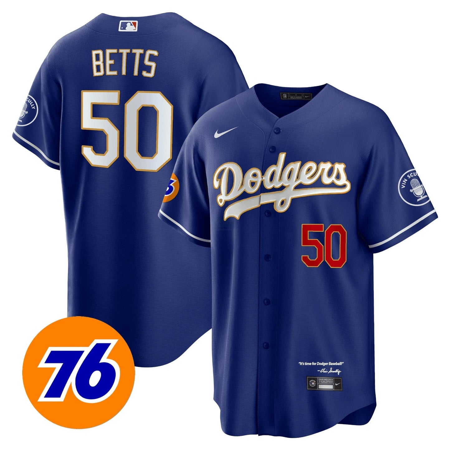 Camisa MLB Men’s Los Angeles Vin Scully 76 Patch Dourada Trim Player Jersey