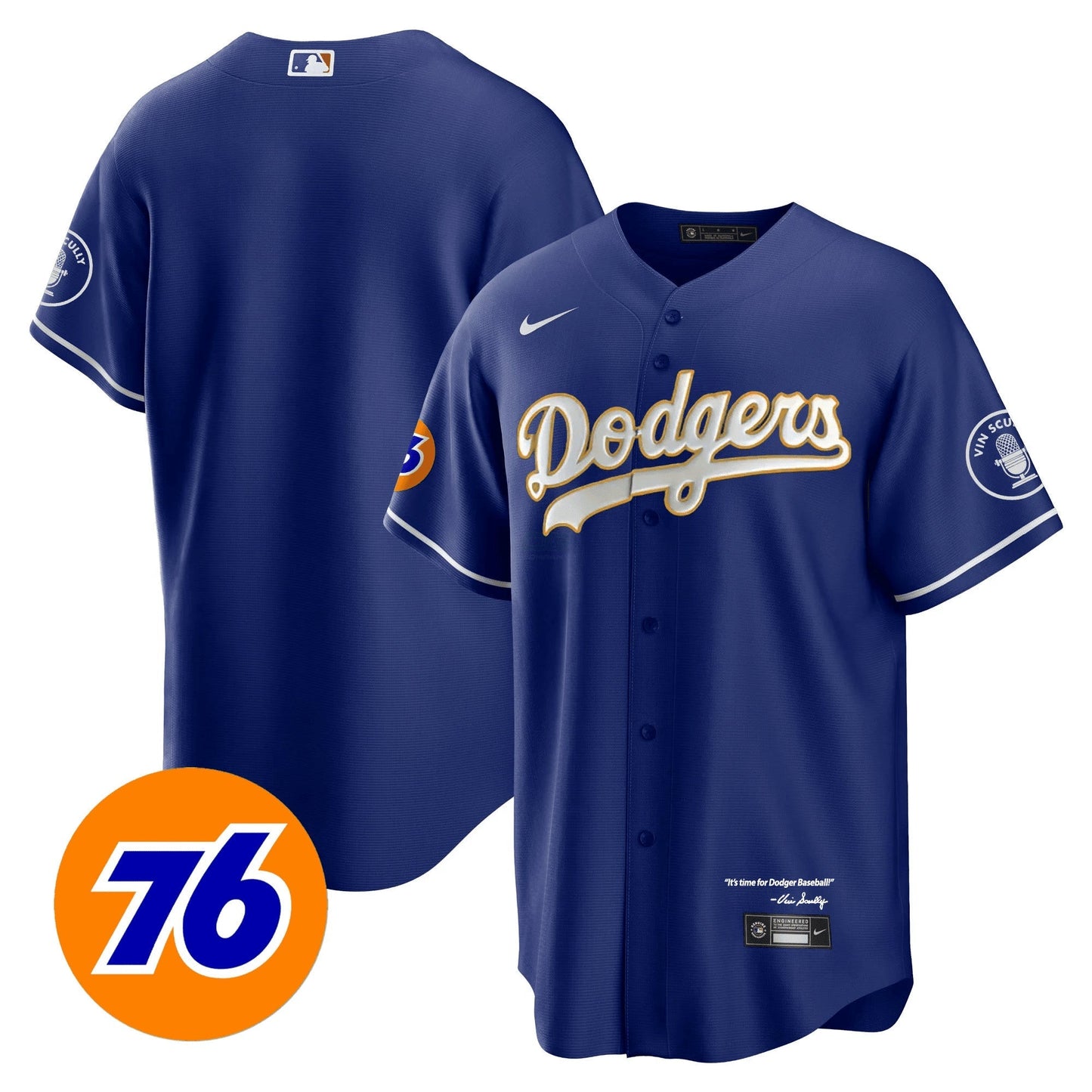 Camisa MLB Men’s Los Angeles Vin Scully 76 Patch Dourada Trim Player Jersey