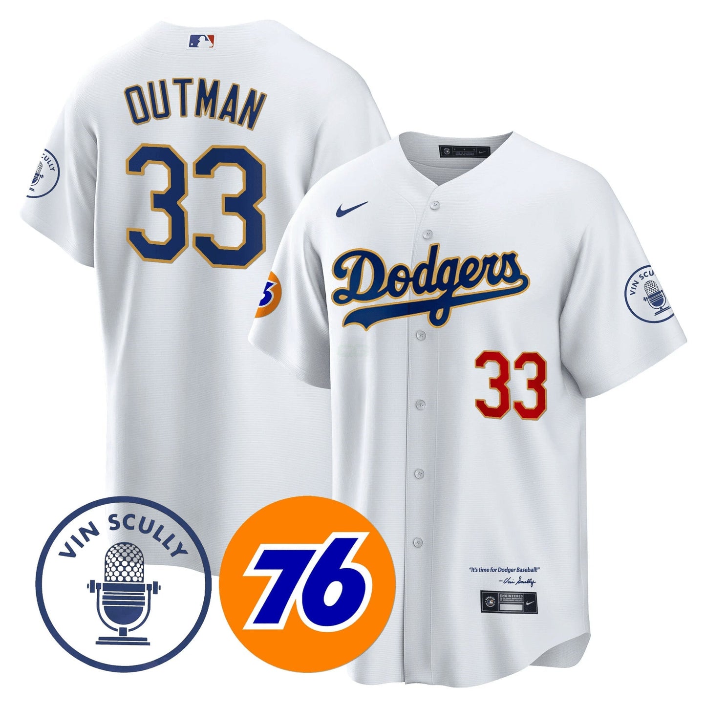 Camisa MLB Men’s Los Angeles Vin Scully 76 Patch Dourada Trim Player Jersey