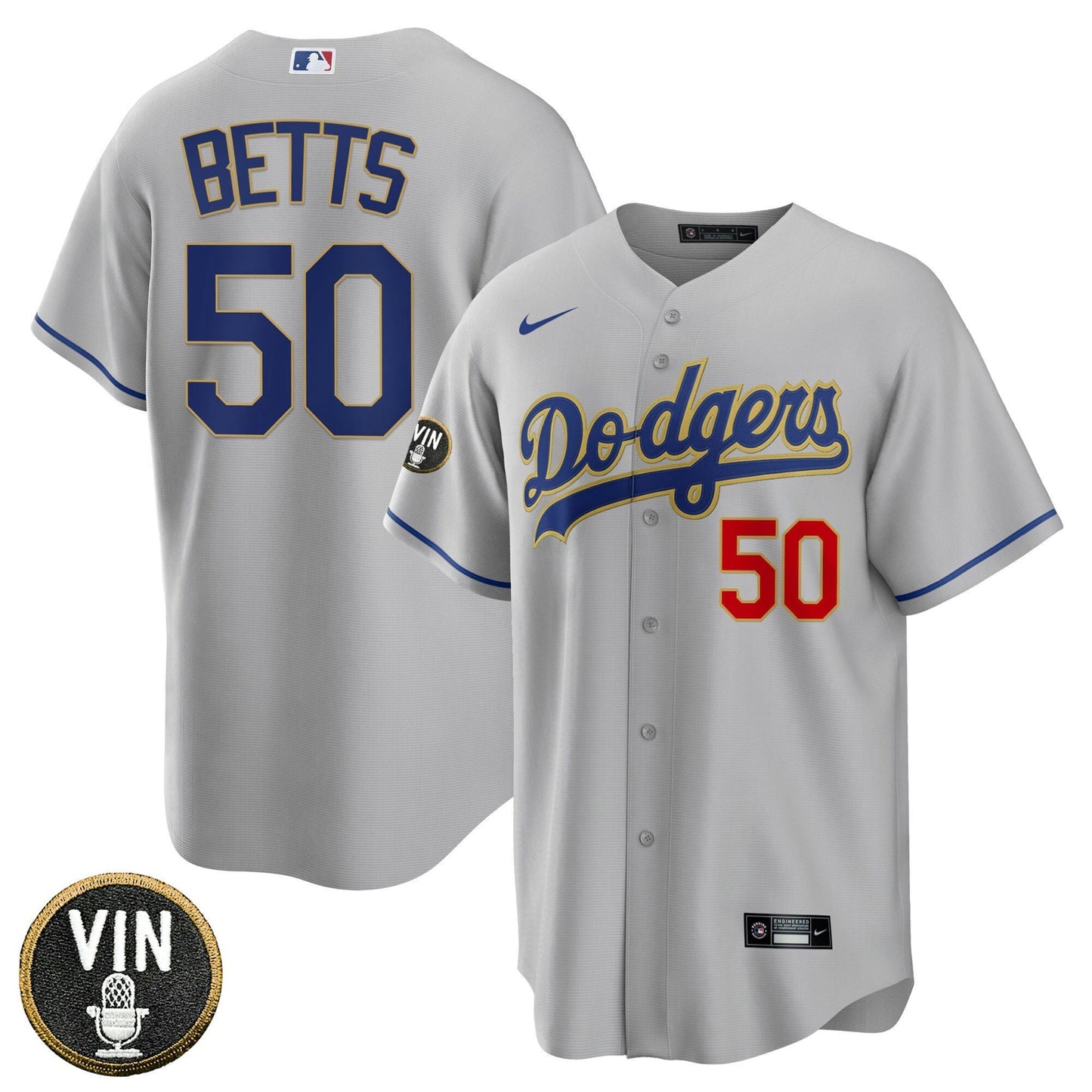 Camisa MLB Men’s Los Angeles Vin Scully Patch Dourada Trim Jersey Collection