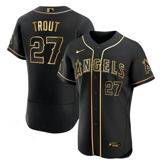 Camisa MLB Men’s Mike Trout Los Angeles Preta Dourada & Branca Dourada Jersey