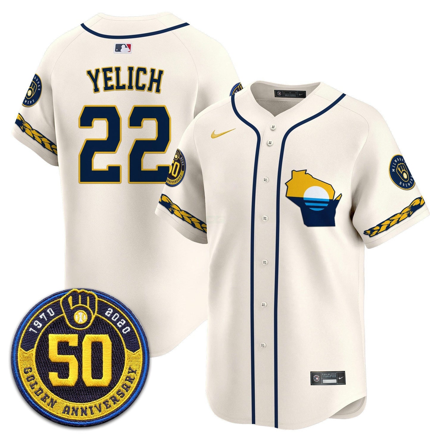 Camisa MLB Men’s Milwaukee Golden 50th Anniversary Patch Vapor Premier Limited Jersey