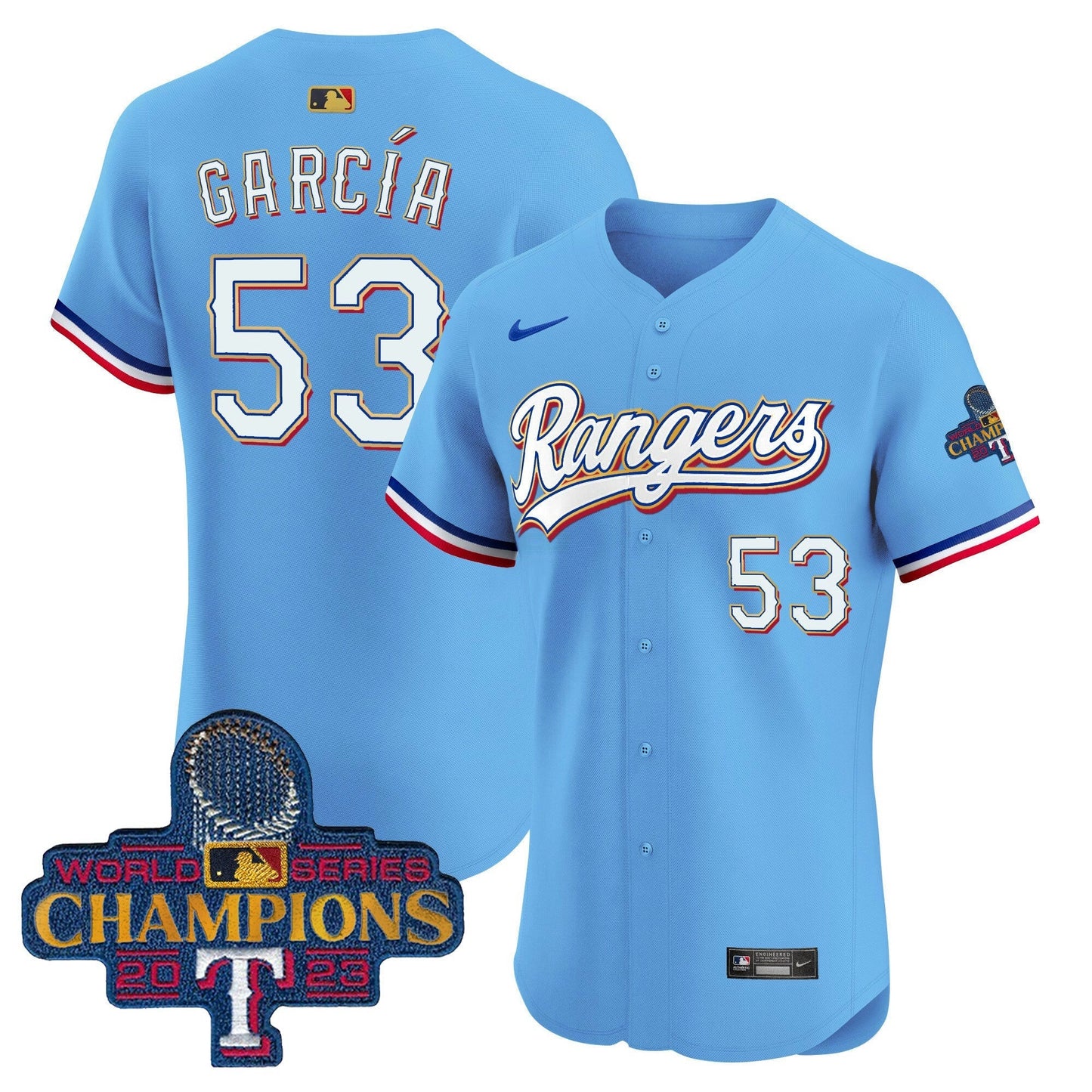 Camisa MLB Men’s Texas 2023 World Series Champions Dourada Trim Vapor Premier Elite Jersey