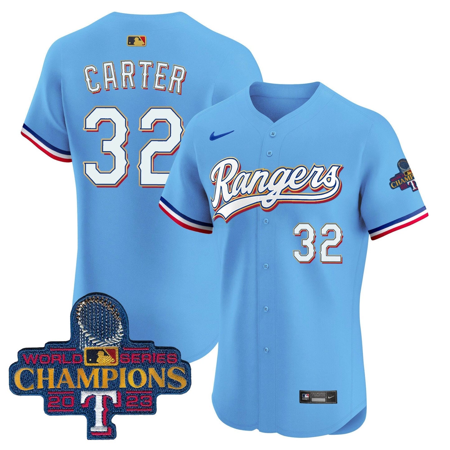 Camisa MLB Men’s Texas 2023 World Series Champions Dourada Trim Vapor Premier Elite Jersey