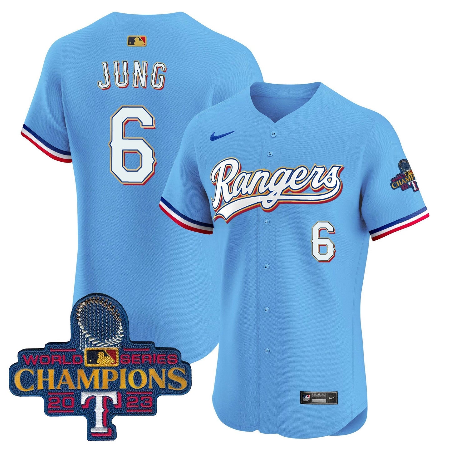 Camisa MLB Men’s Texas 2023 World Series Champions Dourada Trim Vapor Premier Elite Jersey