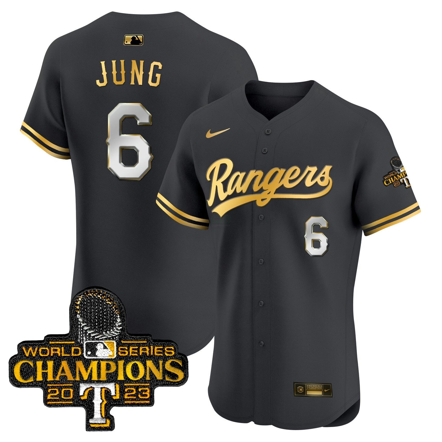 Camisa MLB Men’s Texas 2023 World Series Champions Dourada Trim Vapor Premier Elite Jersey