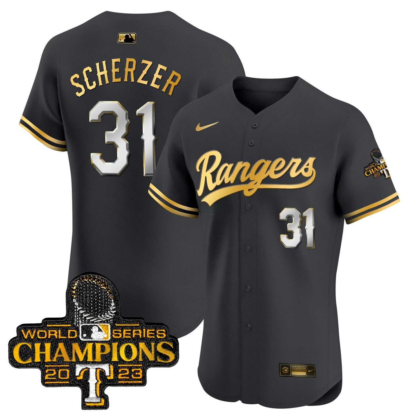 Camisa MLB Men’s Texas 2023 World Series Champions Dourada Trim Vapor Premier Elite Jersey
