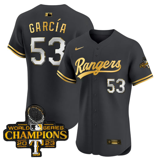 Camisa MLB Men’s Texas 2023 World Series Champions Dourada Trim Vapor Premier Elite Jersey
