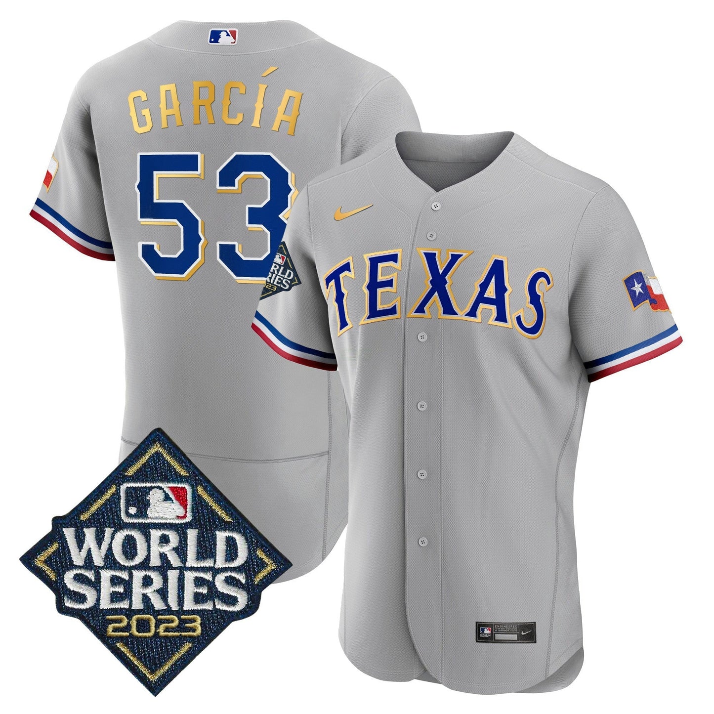 Camisa MLB Men’s Texas 2023 World Series Flex Base Dourada Trim Jersey
