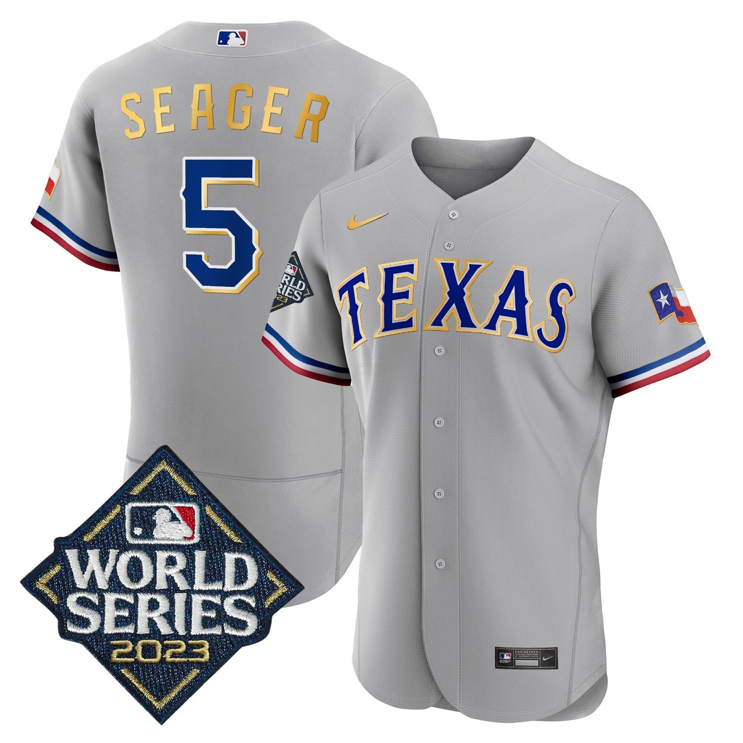 Camisa MLB Men’s Texas 2023 World Series Flex Base Dourada Trim Jersey