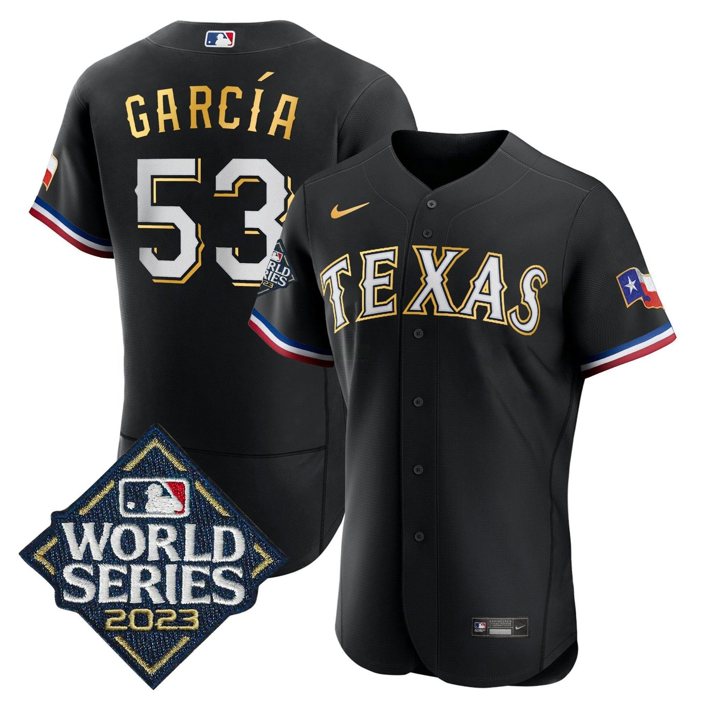 Camisa MLB Men’s Texas 2023 World Series Flex Base Dourada Trim Jersey