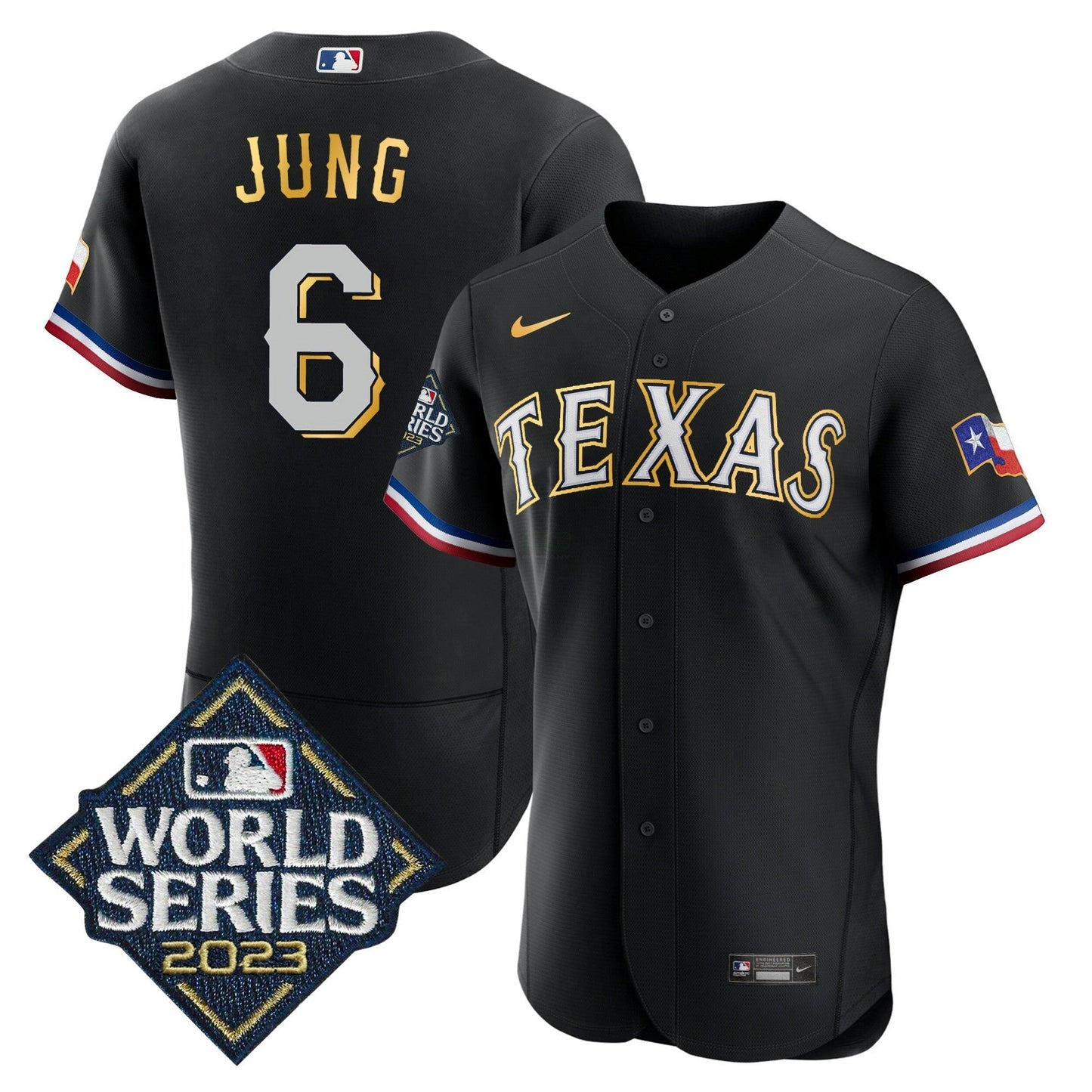 Camisa MLB Men’s Texas 2023 World Series Flex Base Dourada Trim Jersey