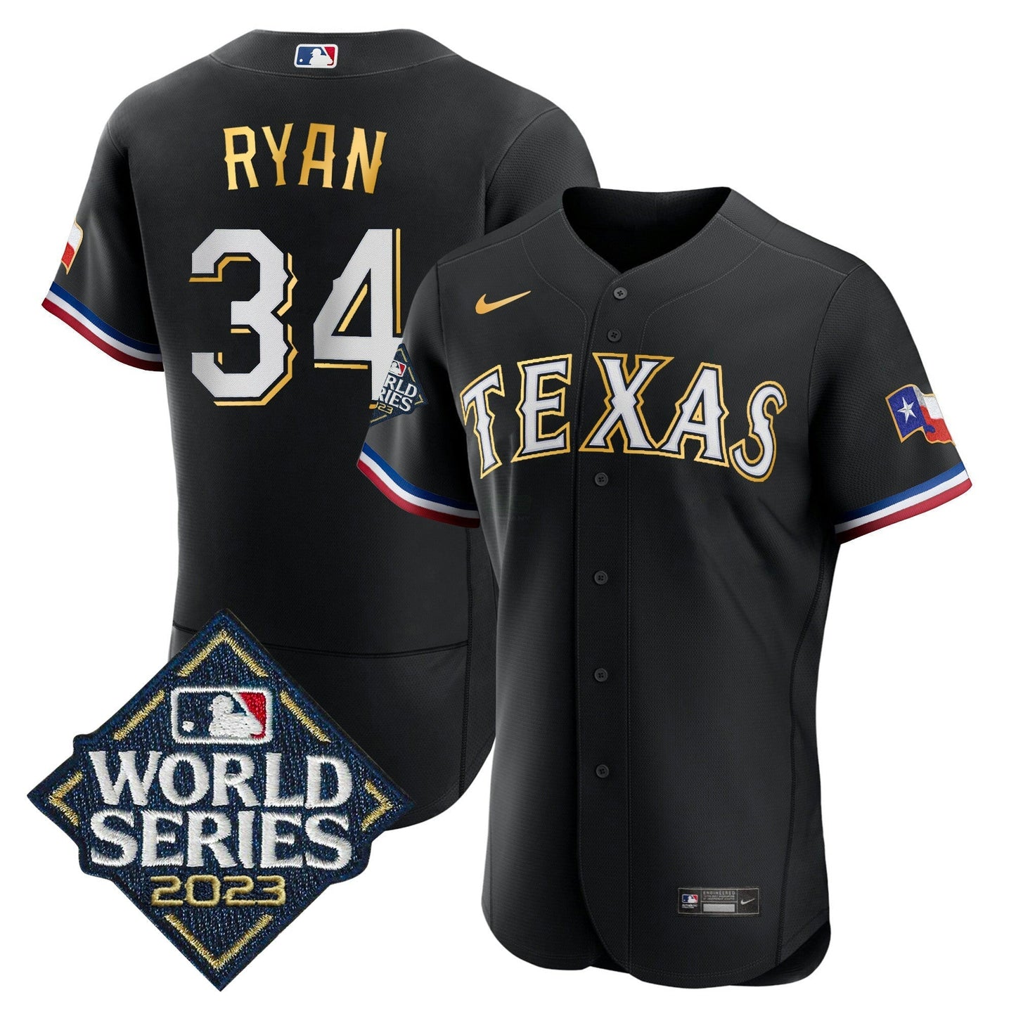 Camisa MLB Men’s Texas 2023 World Series Flex Base Dourada Trim Jersey