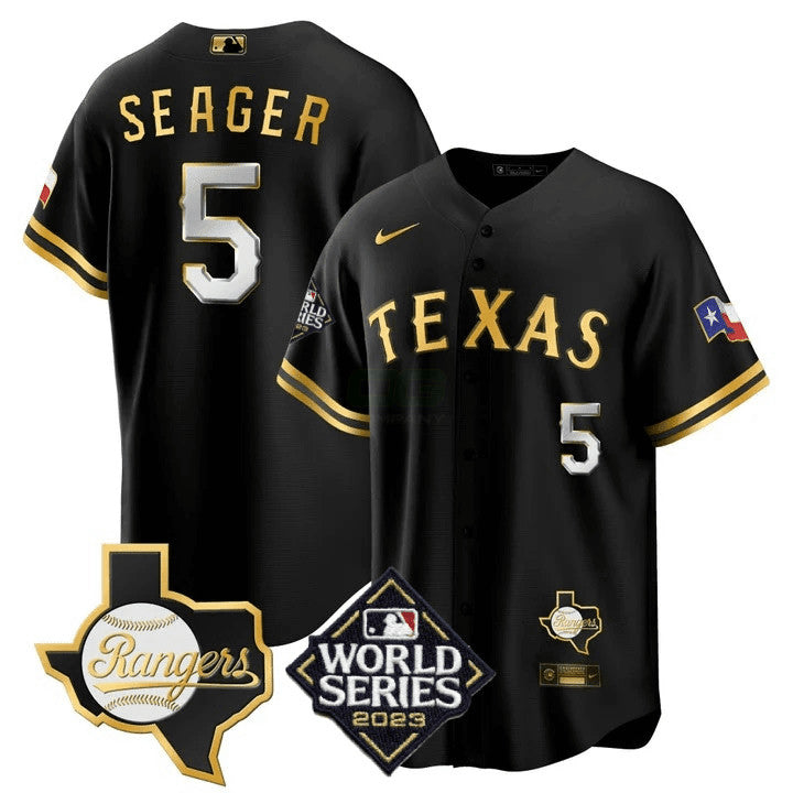 Camisa MLB Men’s Texas 2023 World Series & Texas State Patch Cool Base Dourada Jersey V2