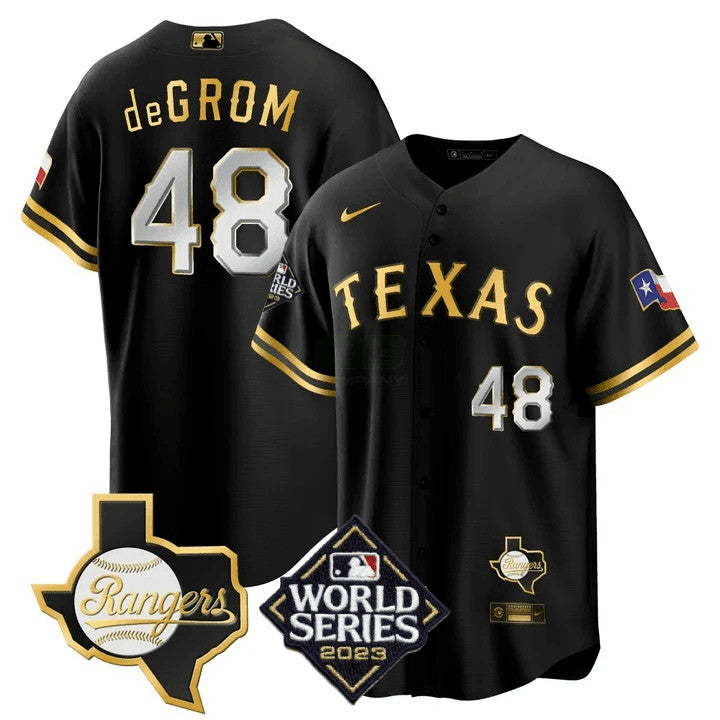 Camisa MLB Men’s Texas 2023 World Series & Texas State Patch Cool Base Dourada Jersey V2