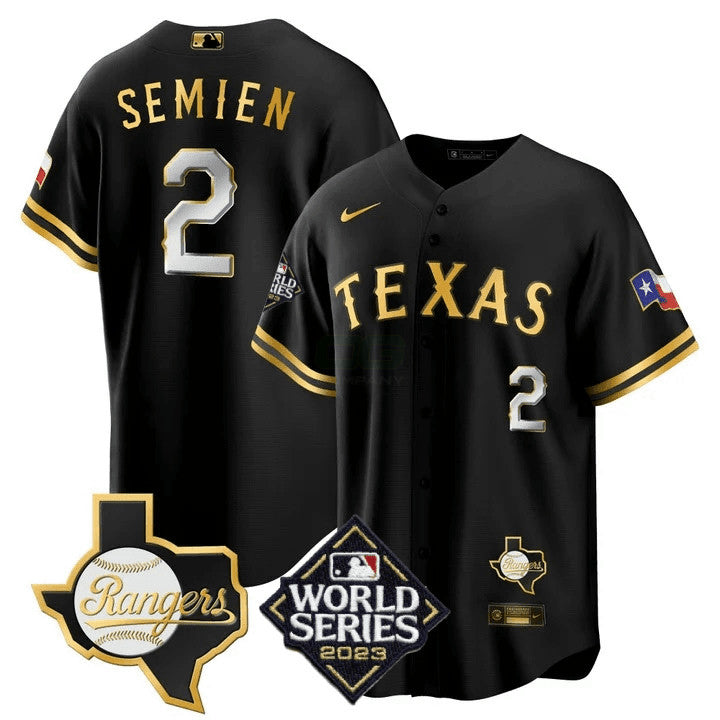 Camisa MLB Men’s Texas 2023 World Series & Texas State Patch Cool Base Dourada Jersey V2