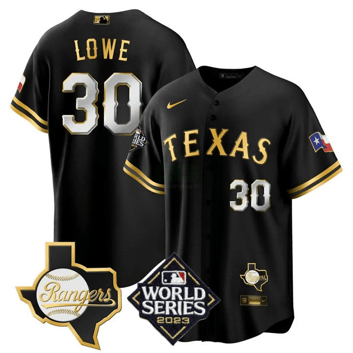 Camisa MLB Men’s Texas 2023 World Series & Texas State Patch Cool Base Dourada Jersey V2