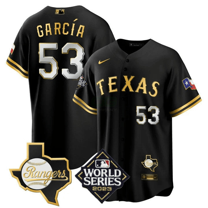 Camisa MLB Men’s Texas 2023 World Series & Texas State Patch Cool Base Dourada Jersey V2