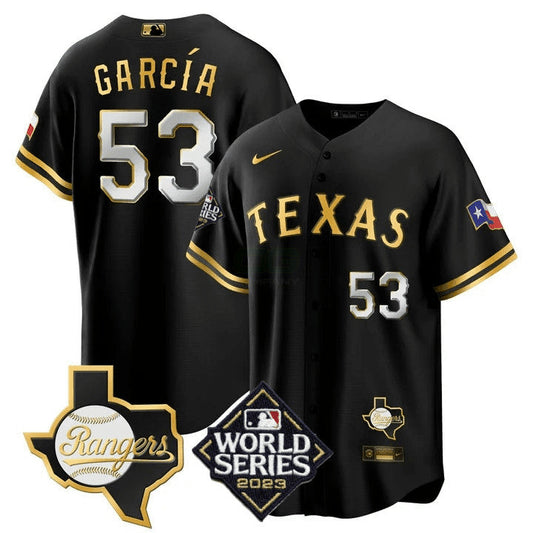 Camisa MLB Men’s Texas 2023 World Series & Texas State Patch Cool Base Dourada Jersey V2