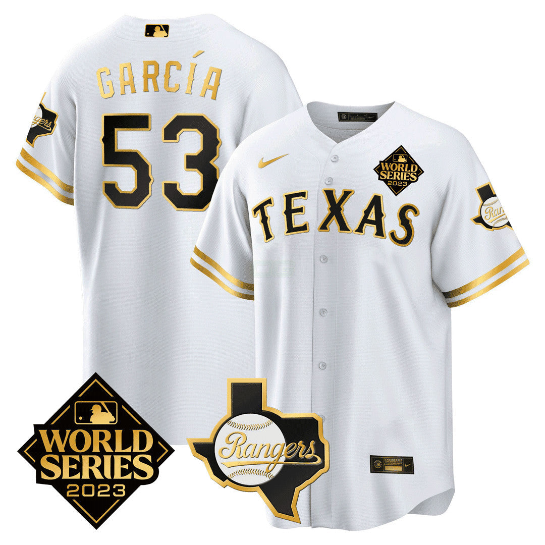 Camisa MLB Men’s Texas 2023 World Series & Texas State Patch Dourada Jersey
