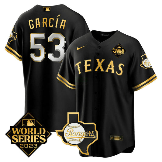 Camisa MLB Men’s Texas 2023 World Series & Texas State Patch Dourada Jersey