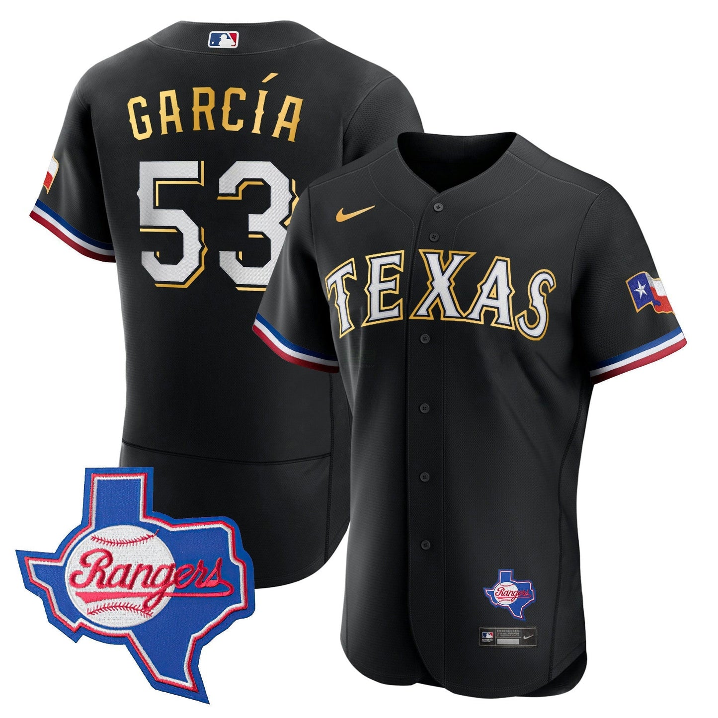 Camisa MLB Men’s Texas Gold Trim Flex Base Jersey – Texas Patch