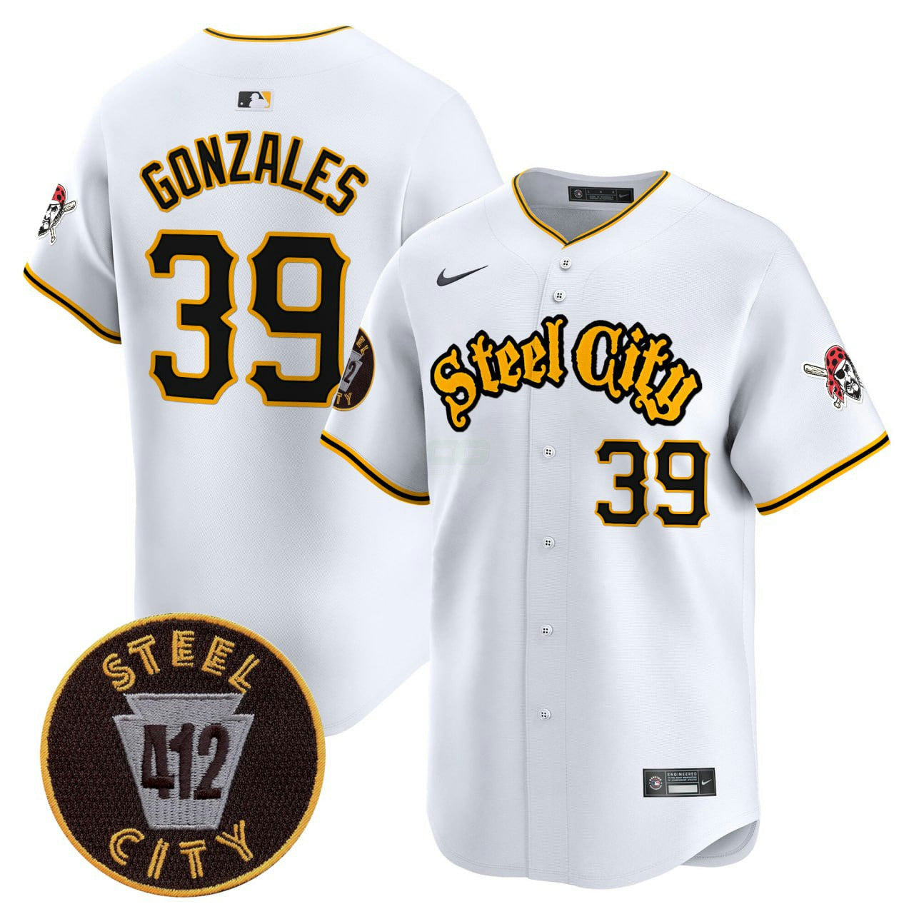 Camisa MLB Nick Gonzales Pittsburgh 412 Patch Branca Premier Limited Jersey