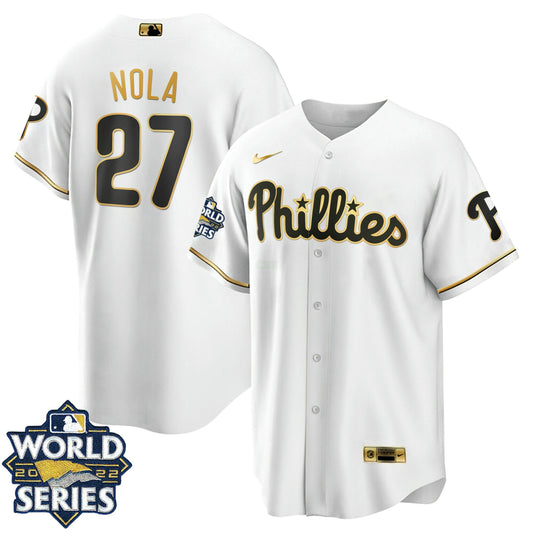 Camisa MLB Philadelphia Cool Base Branca Dourada 2022 World Series Jersey