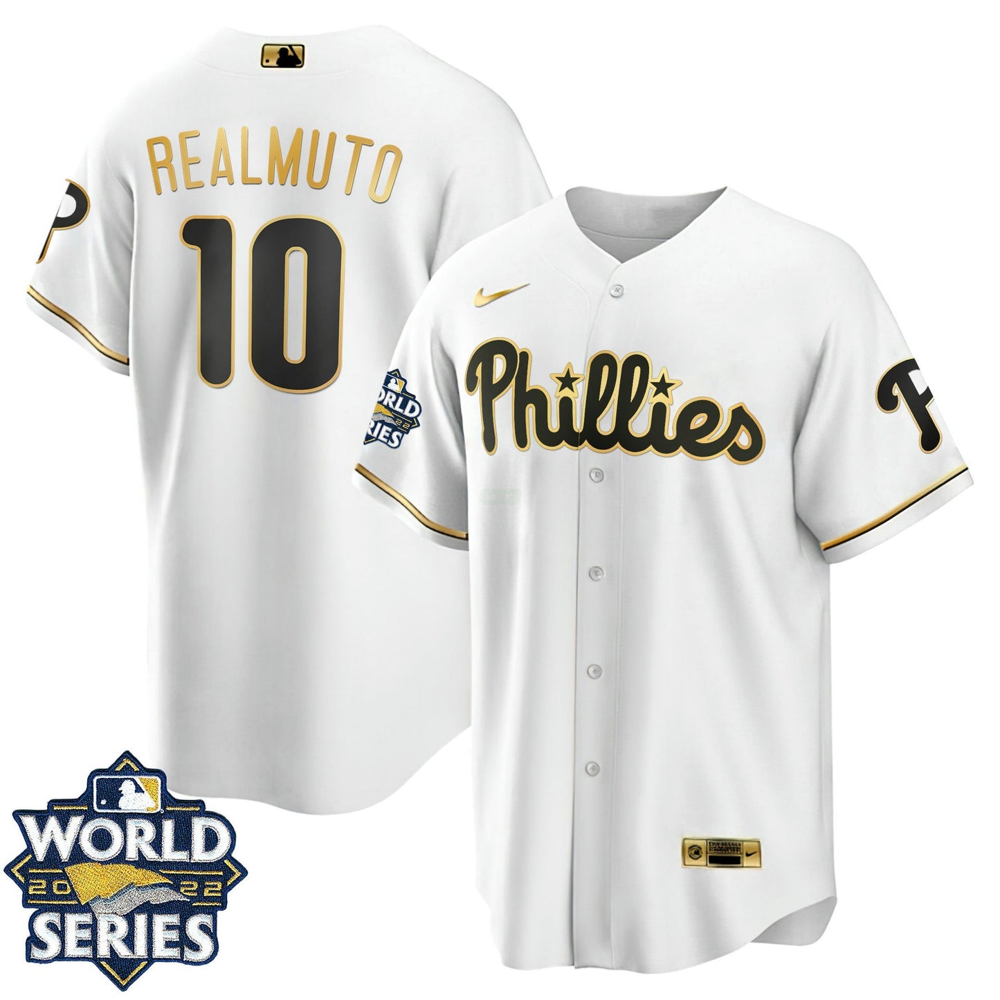 Camisa MLB Philadelphia Cool Base Branca Dourada 2022 World Series Jersey