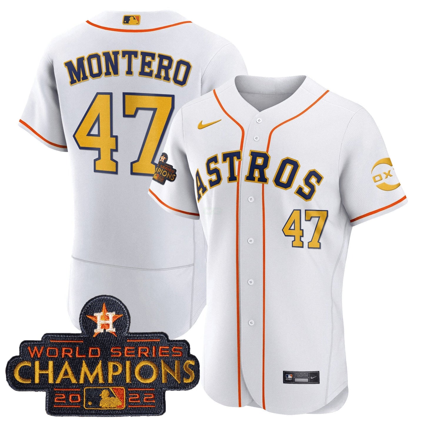 Camisa MLB Rafael Montero Houston 2022 Champions Gold Rush Flex Base Jersey - Rafael Montero