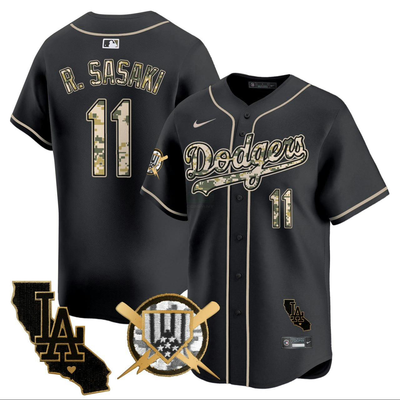 Camisa MLB Roki Sasaki Los Angeles Black Armed Forces Jersey - Preta