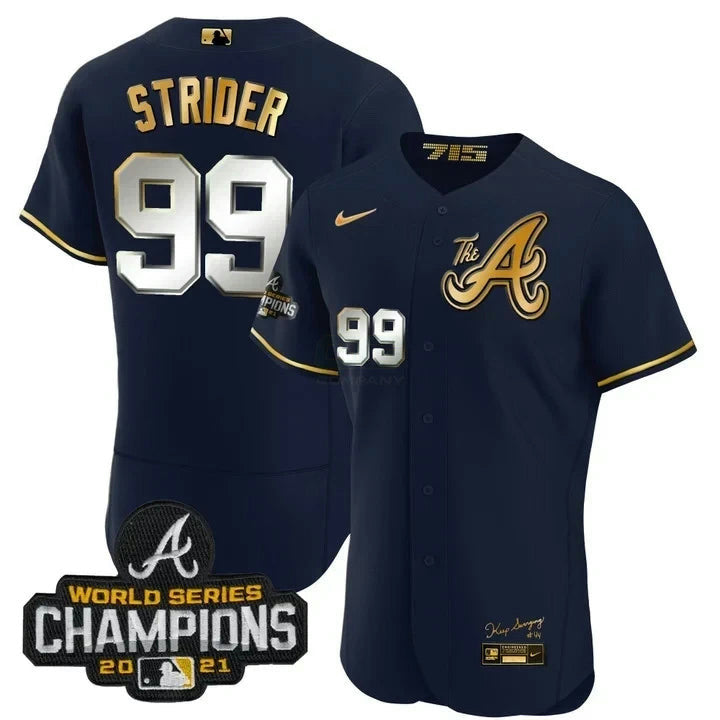 Camisa MLB Spencer Strider Atlanta City Connect Branca Dourada Jersey