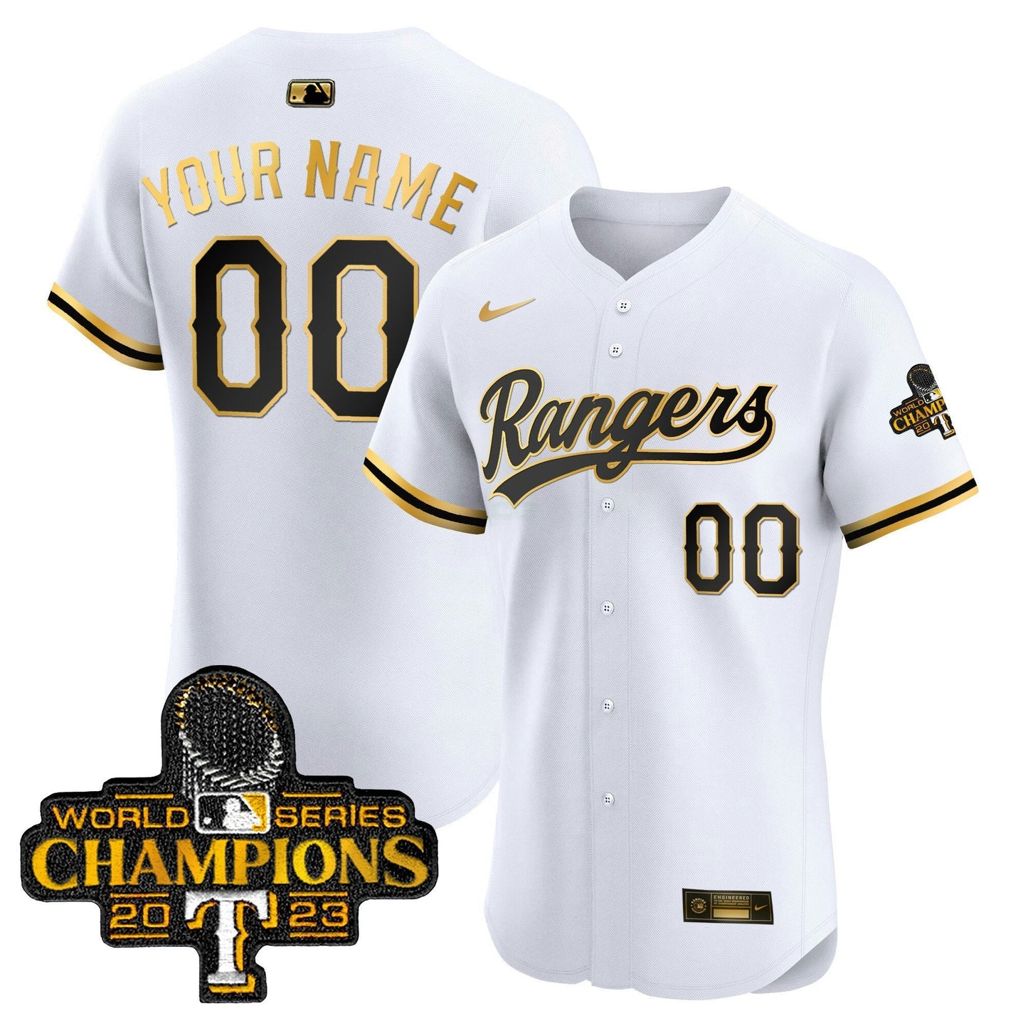 Camisa MLB Texas 2023 World Series Champions Dourada Trim Vapor Premier Elite Jersey