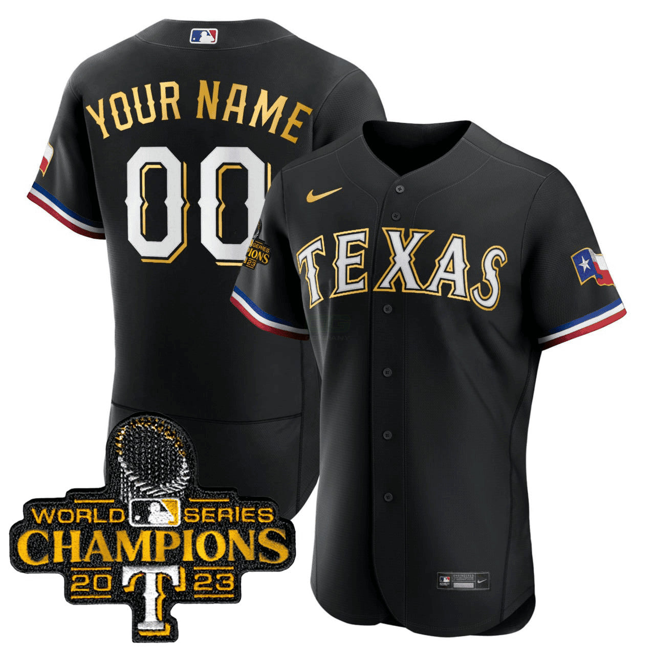 Camisa MLB Texas 2023 World Series Champions Flex Base Dourada Trim Jersey - Preta