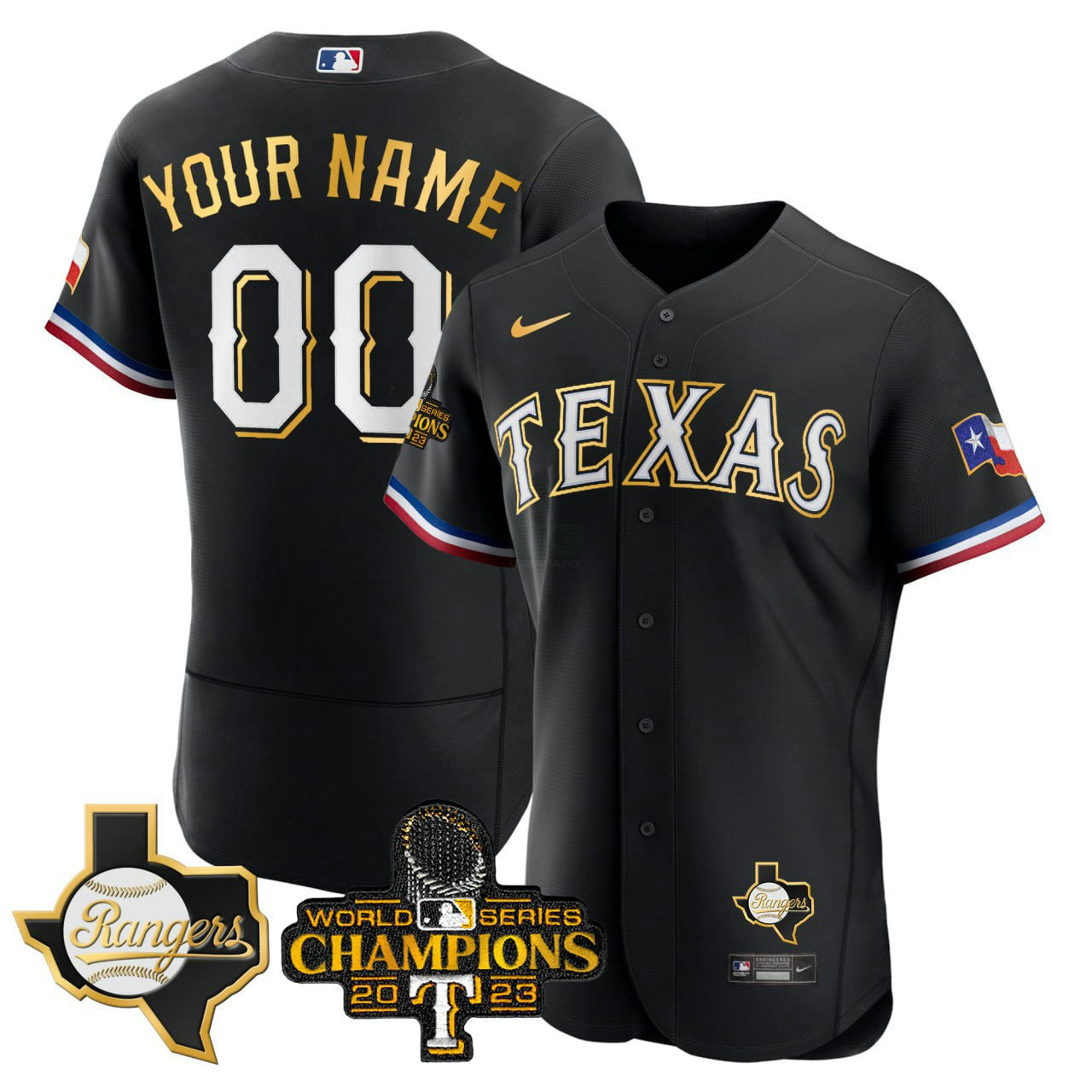 Camisa MLB Texas 2023 World Series Champions Patch Flex Base Dourada Trim Jersey - Preta