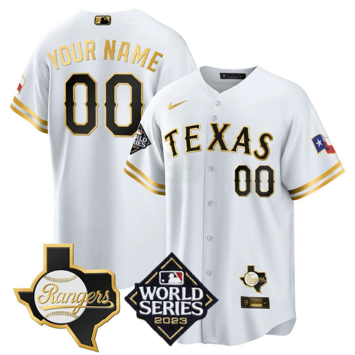 Camisa MLB Texas 2023 World Series & Texas State Patch Dourada Jersey V2
