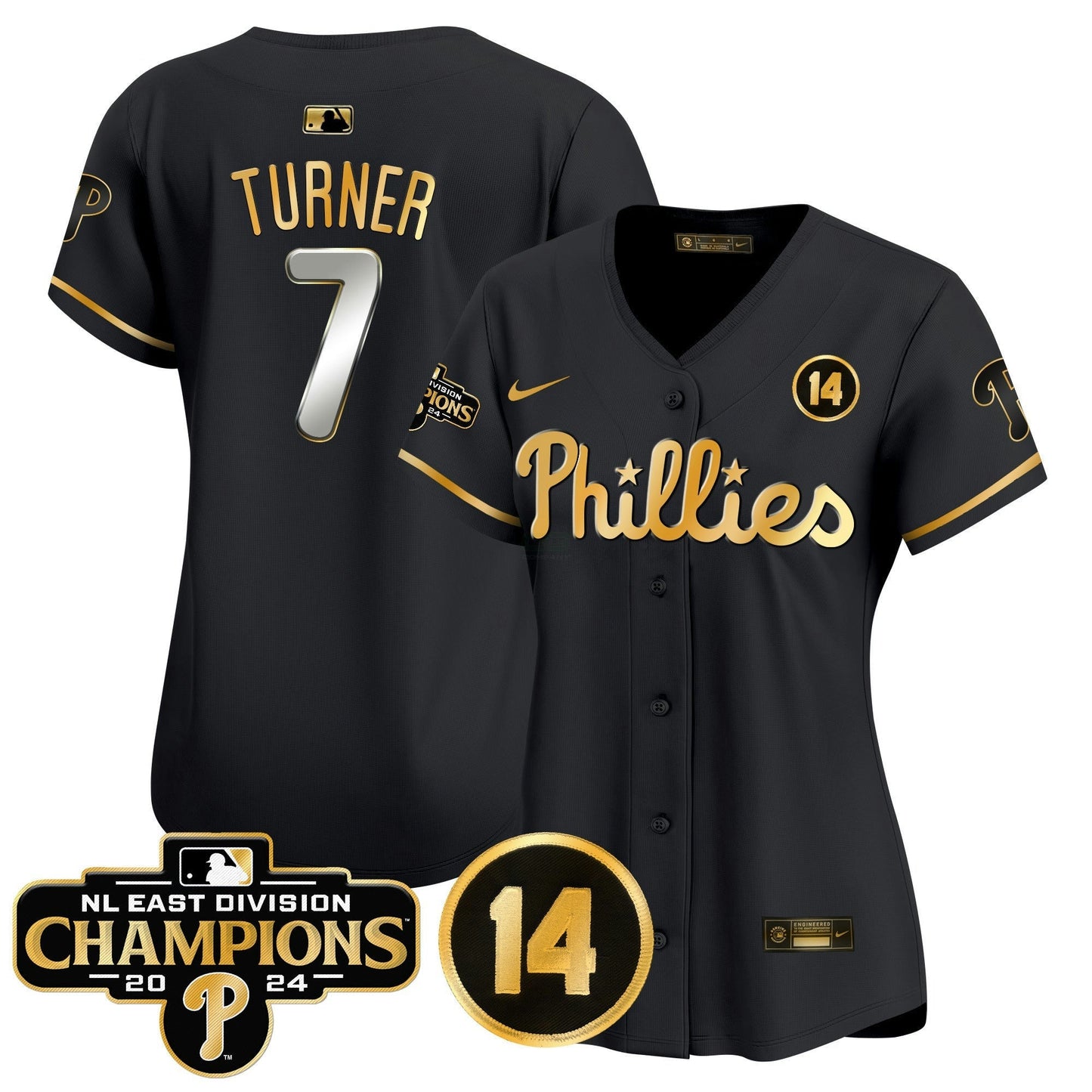 Camisa MLB Women’s 2024 NL East Division Champions & Pete Rose Patch Dourada Vapor Premier Limited Jersey