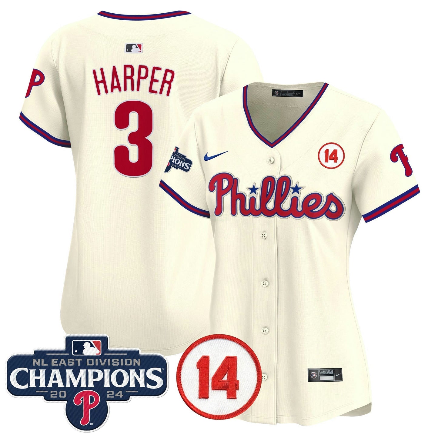 Camisa MLB Women’s 2024 NL East Division Champions & Pete Rose Patch Dourada Vapor Premier Limited Jersey
