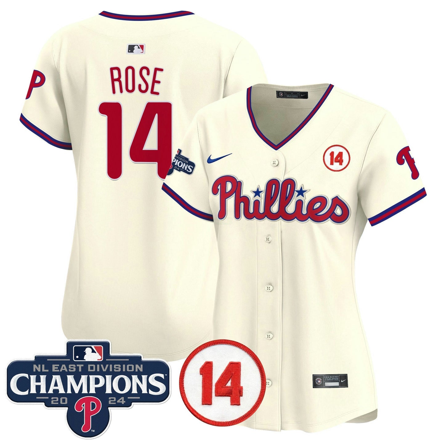 Camisa MLB Women’s 2024 NL East Division Champions & Pete Rose Patch Dourada Vapor Premier Limited Jersey