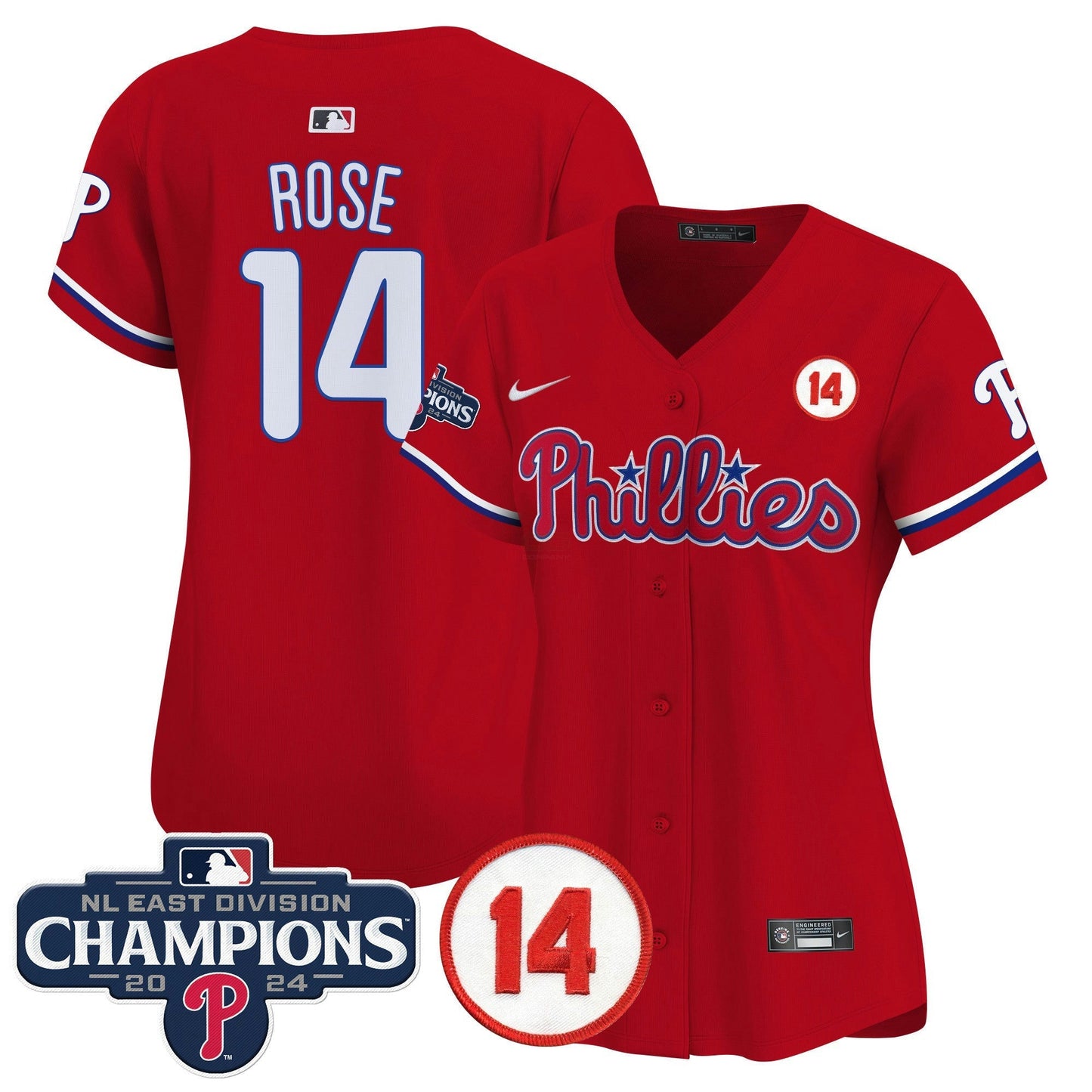 Camisa MLB Women’s 2024 NL East Division Champions & Pete Rose Patch Dourada Vapor Premier Limited Jersey
