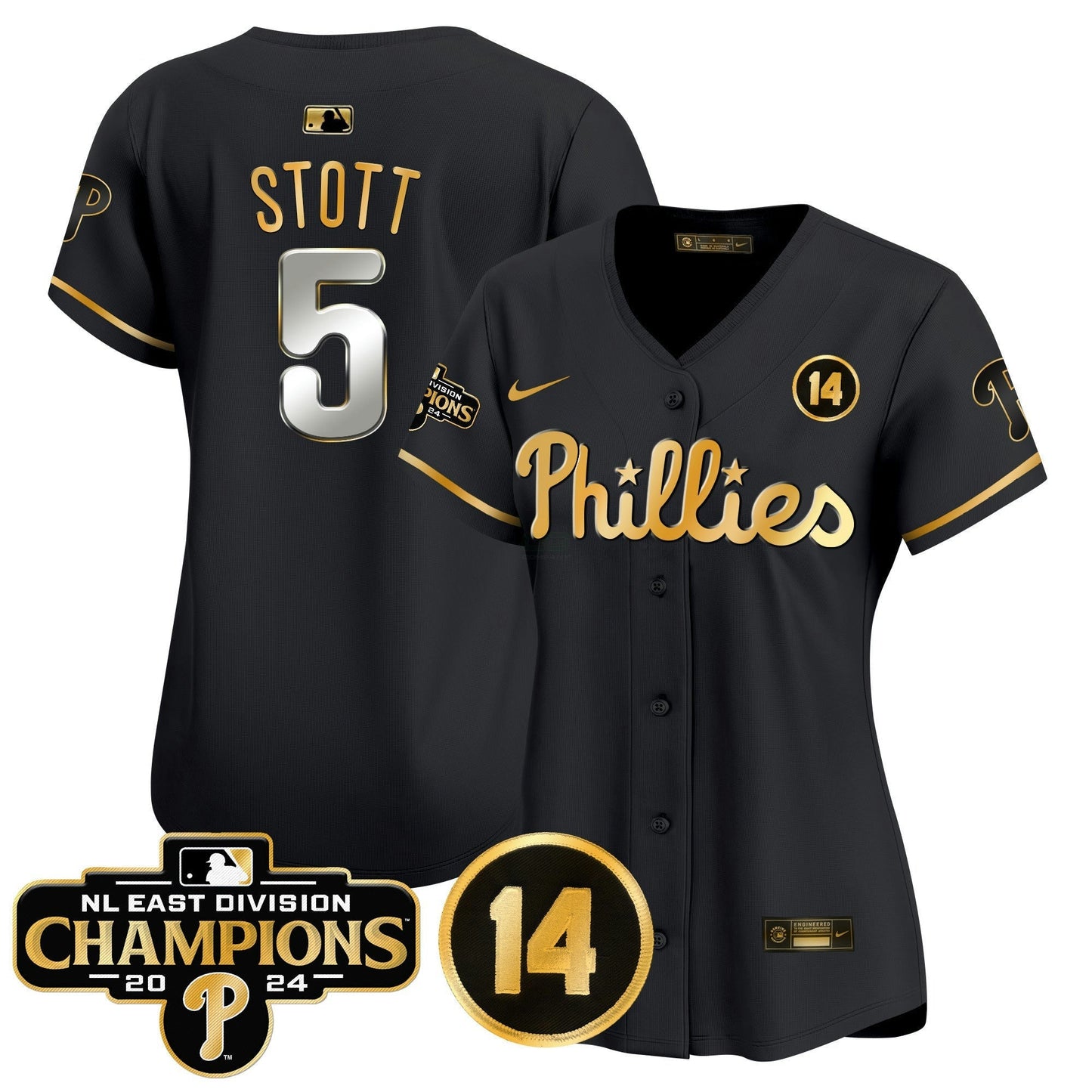Camisa MLB Women’s 2024 NL East Division Champions & Pete Rose Patch Dourada Vapor Premier Limited Jersey