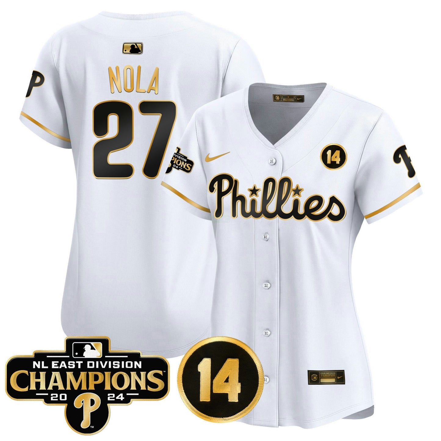 Camisa MLB Women’s 2024 NL East Division Champions & Pete Rose Patch Dourada Vapor Premier Limited Jersey