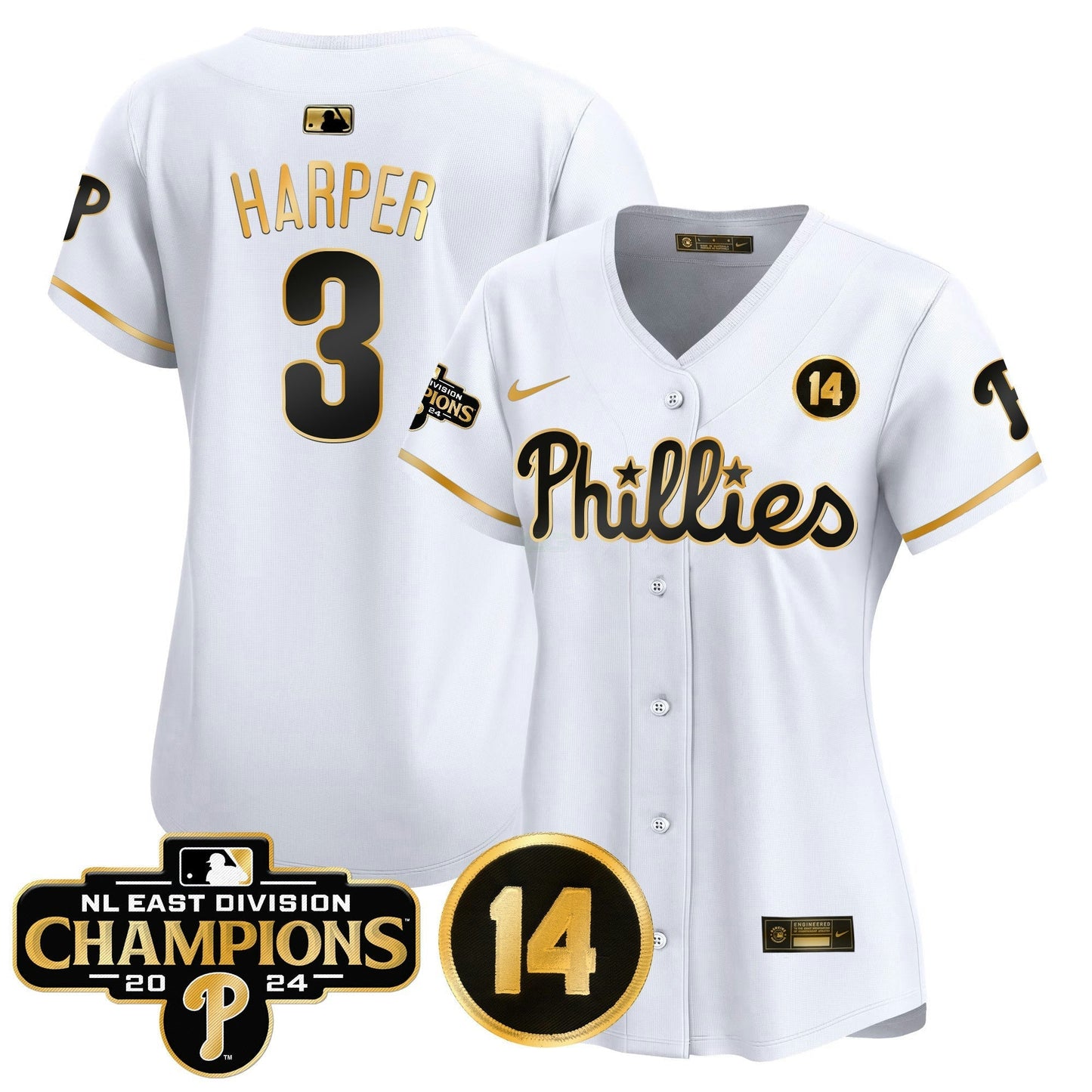 Camisa MLB Women’s 2024 NL East Division Champions & Pete Rose Patch Dourada Vapor Premier Limited Jersey