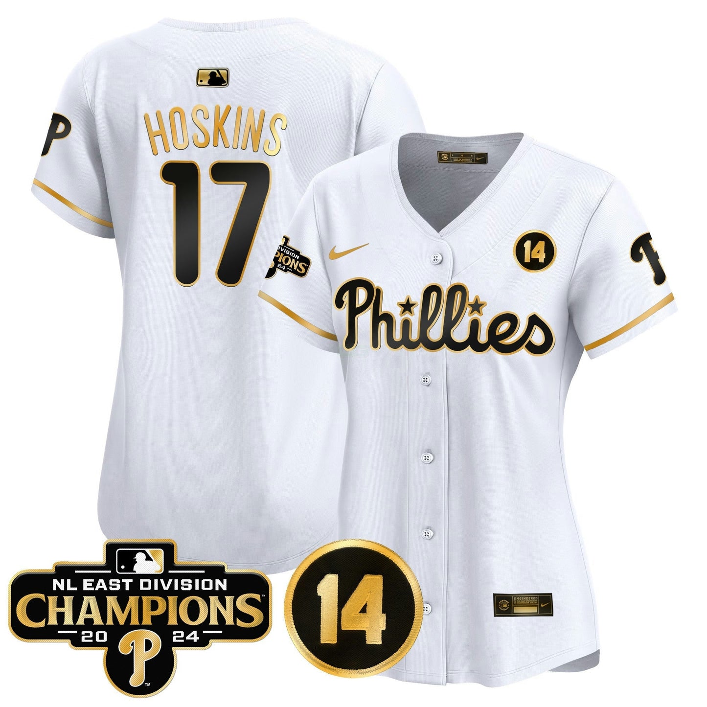 Camisa MLB Women’s 2024 NL East Division Champions & Pete Rose Patch Dourada Vapor Premier Limited Jersey