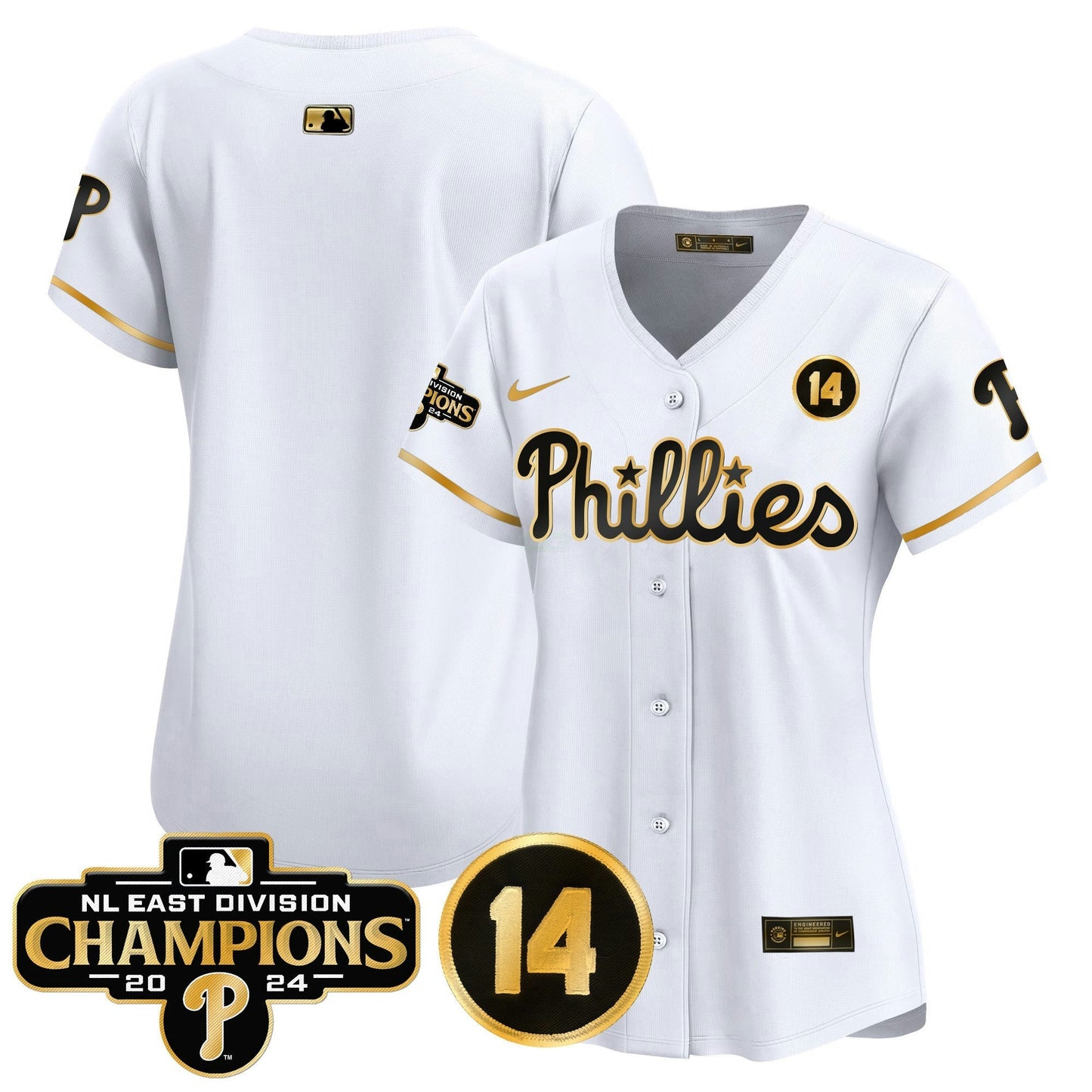 Camisa MLB Women’s 2024 NL East Division Champions & Pete Rose Patch Dourada Vapor Premier Limited Jersey